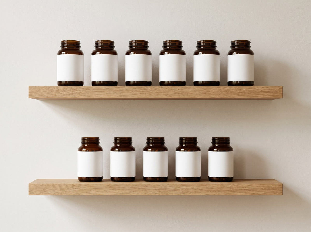 Eleven unbranded supplement bottles on two shelves, every label blank
