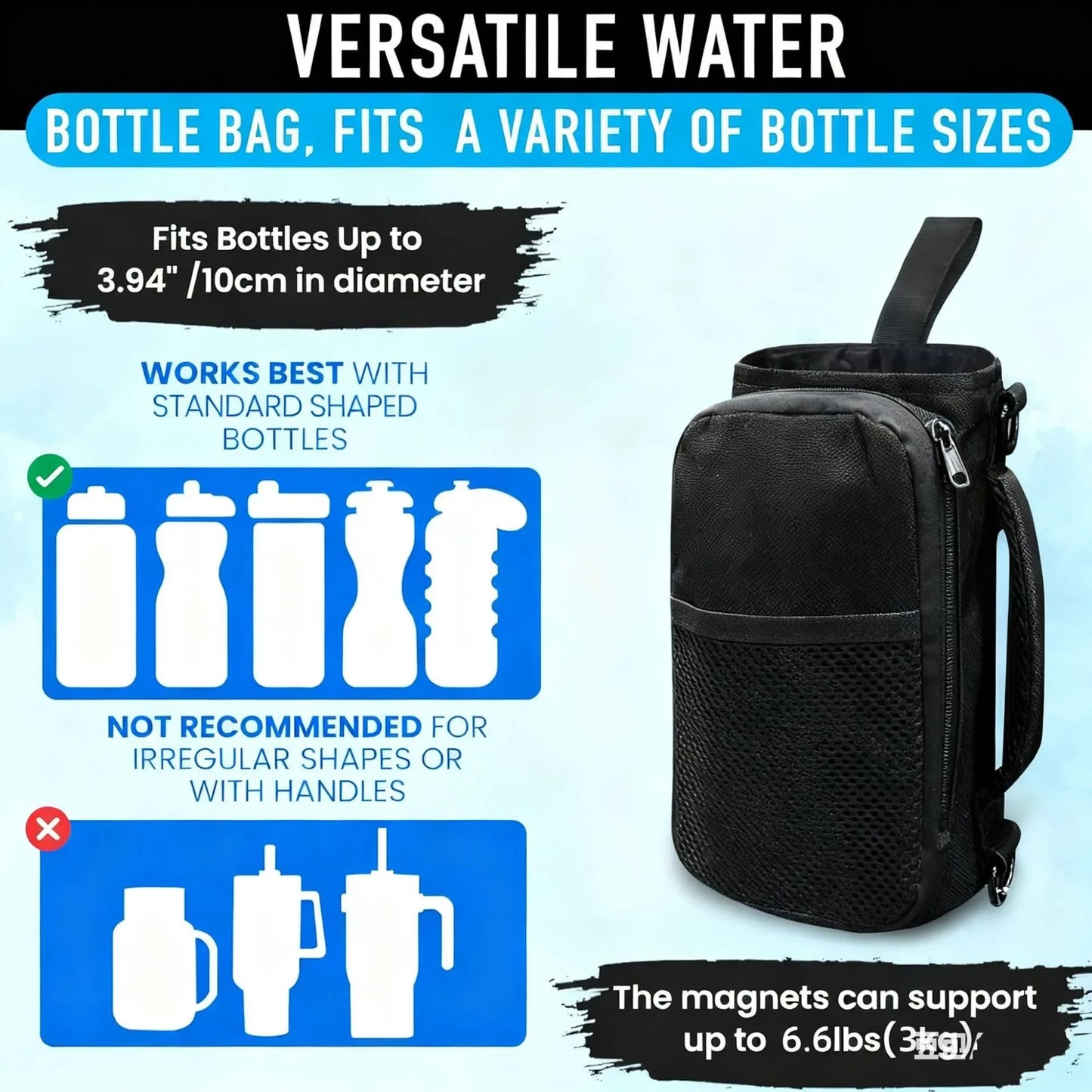 A magnetic fitness bag for both men and women, featuring a adjustable shoulder strap, a magnetic bag for holding office water bo