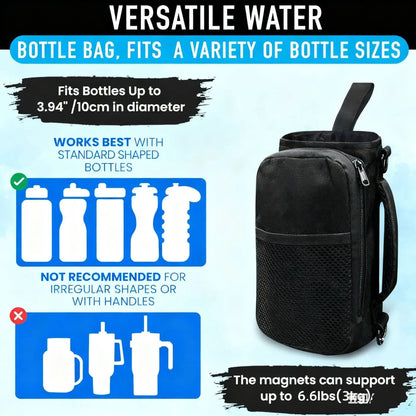 A magnetic fitness bag for both men and women, featuring a adjustable shoulder strap, a magnetic bag for holding office water bo