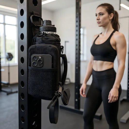 A magnetic fitness bag for both men and women, featuring a adjustable shoulder strap, a magnetic bag for holding office water bo