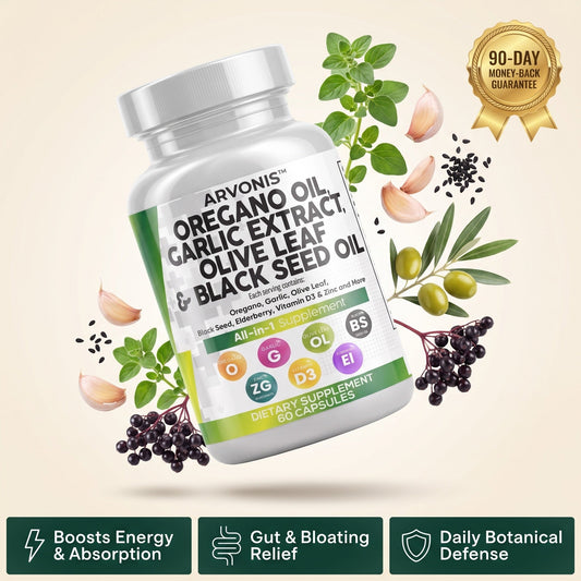 Arvonis Gut Botanical Reserve bottle surrounded by fresh botanicals — oregano, garlic, olive leaves and olives, black seeds and elderberries — with a 90-day money-back guarantee badge and three benefit cards: Boosts Energy & Absorption, Gut & Bloating Relief, Daily Botanical Defense