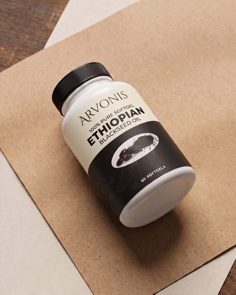 An Arvonis bottle resting on kraft paper