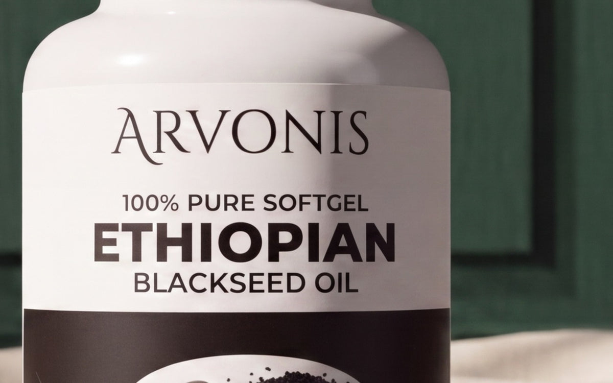 Close-up of a black seed oil label