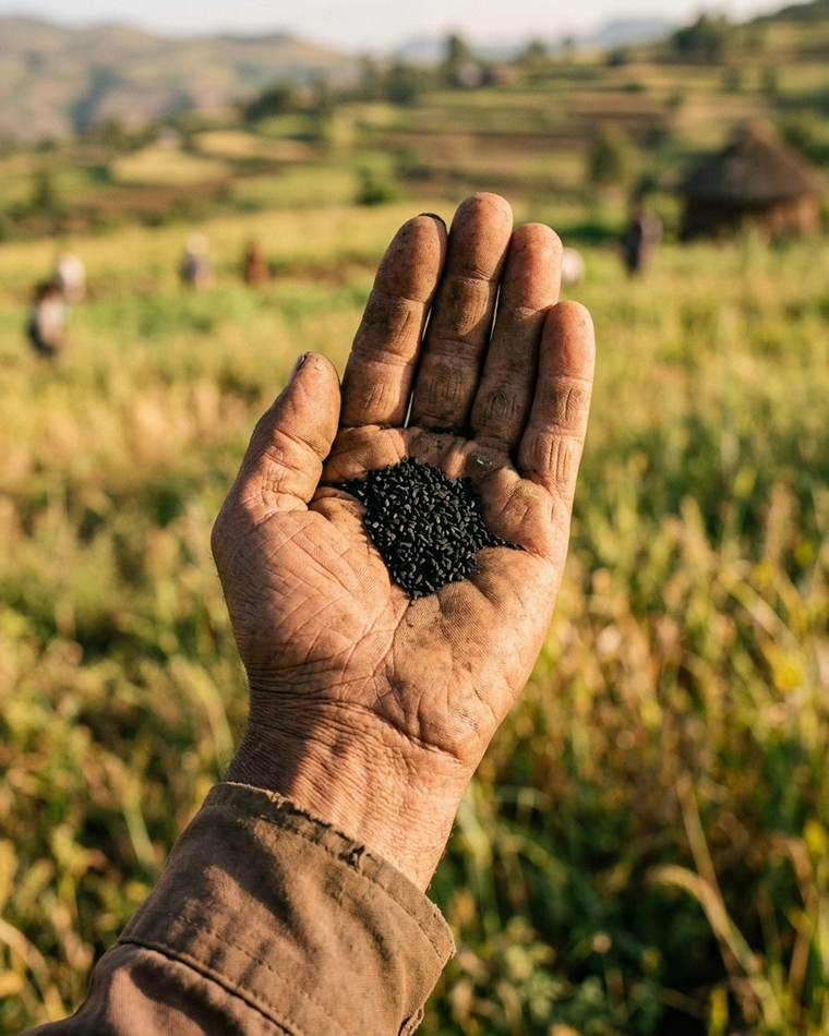 A farmer's hand holding black cumin seeds in an Ethiopian field