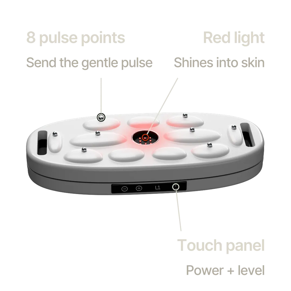 Ondessa Pulse turned over: 8 pulse points, a red light window and the touch panel, each labeled