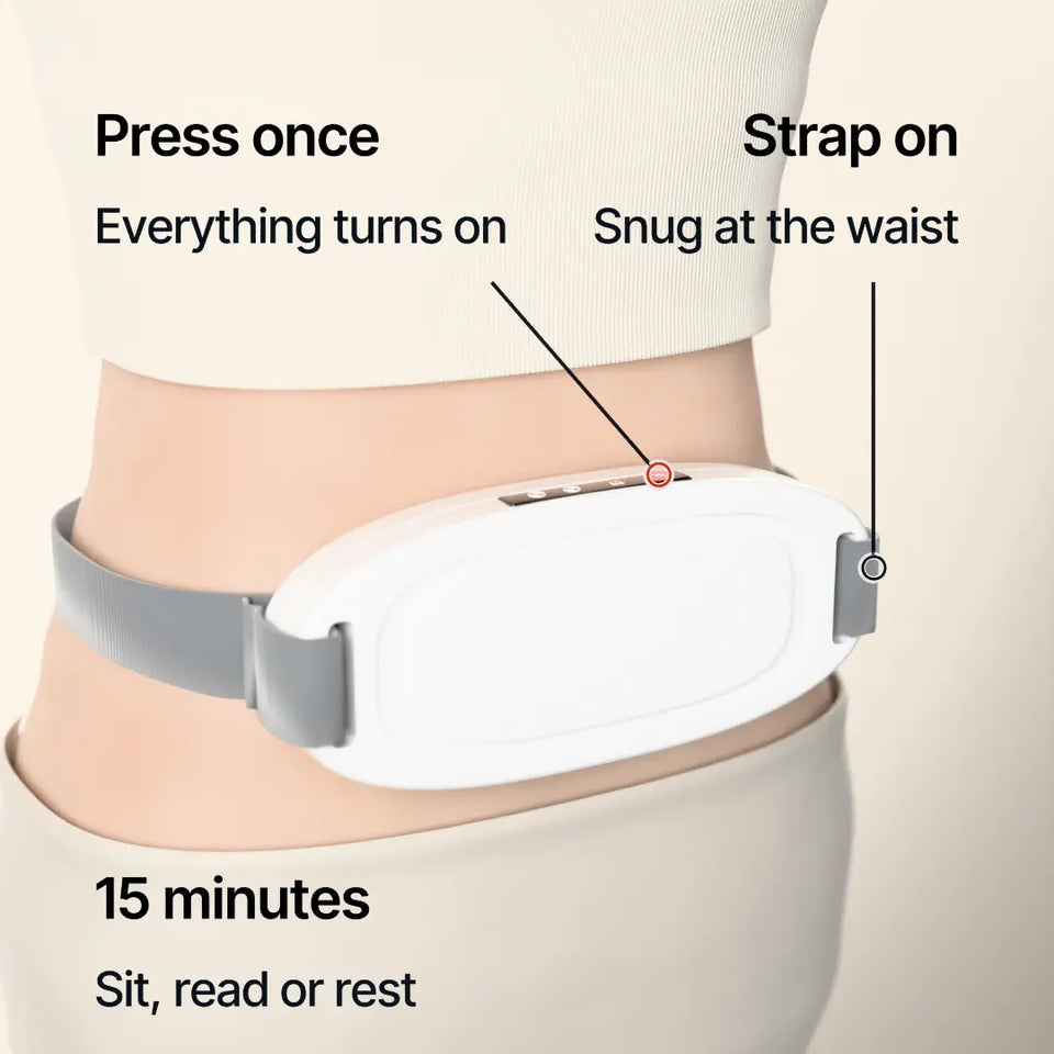 Ondessa Pulse worn at the waist, the strap around the body and the power button lit, labeled press once, strap on, 15 minutes